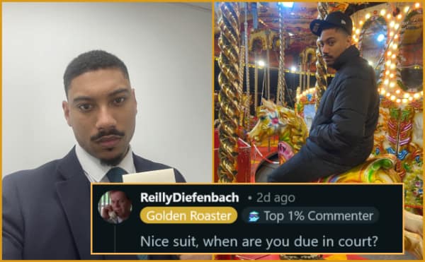 hilarious savage roast from r/roastme showing a man trying to look tough in a suit while sitting on a carousel horse, immediately humbled by a comment sarcastically complimenting the suit before asking when he is due in court.