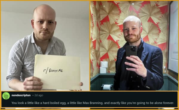highly specific savage roast on r/roastme featuring a balding man, met with a devastating three-part insult comparing him to a hard-boiled egg, Max Branning, and someone who is going to be alone forever.