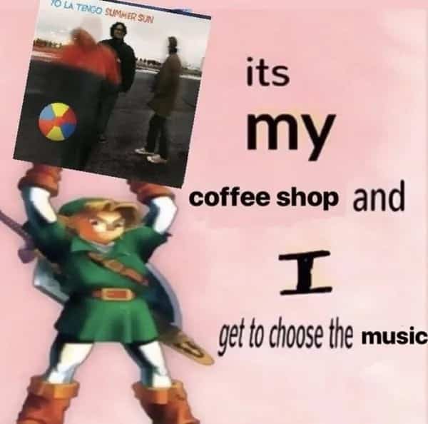 Link from Zelda holding an album cover over his head about choosing coffee shop music.