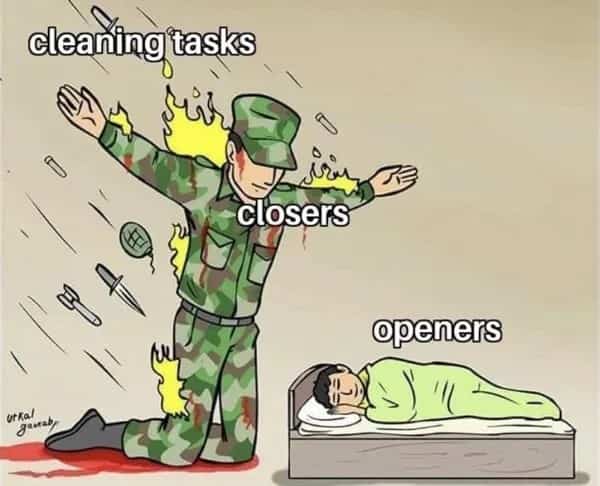 Soldier protecting a sleeping person from "cleaning tasks" bombs, labeled as "closers" and "openers."