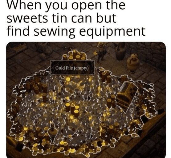 Video game gold pile meme referencing the universal experience of finding sewing supplies in cookie tins.