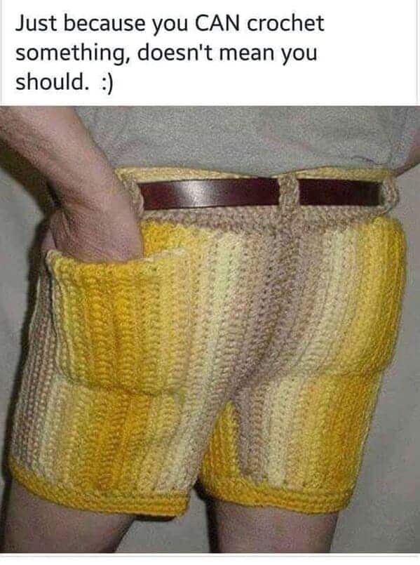 Fashion meme featuring a pair of yellow and tan variegated crochet shorts with a belt.