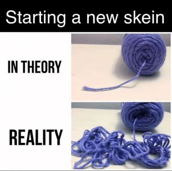 Expectation versus reality meme showing a tidy skein of purple yarn versus a tangled mess.