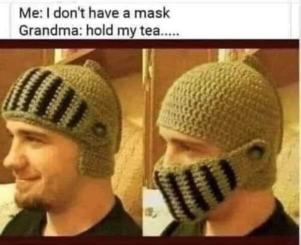 DIY meme featuring a man wearing a grey crochet knight helmet with a moveable visor.