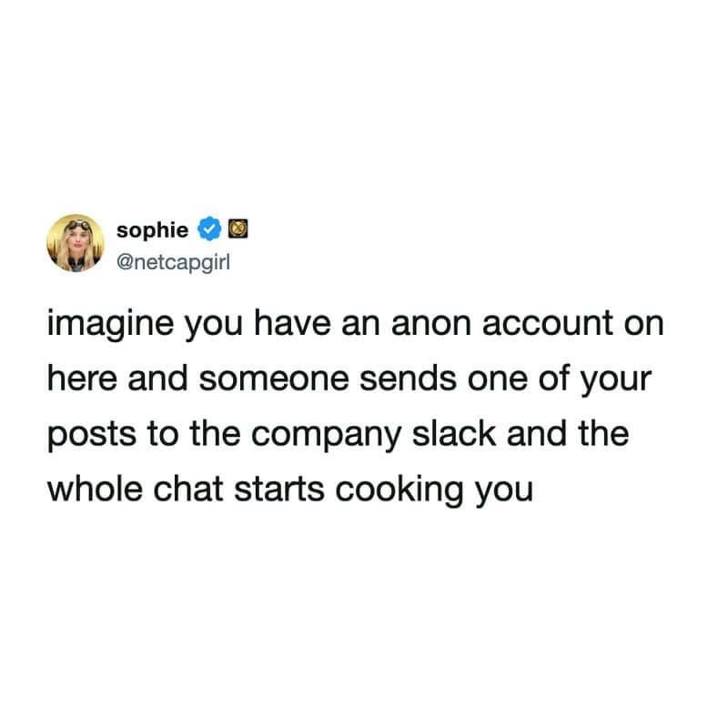 nightmare-fuel slack meme by @netcapgirl describing the social horror of having your anonymous social media posts shared in the company chat for the entire team to "cook" you in public.