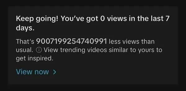 YouTube analytics notification showing a massive negative number of views compared to the usual average.
