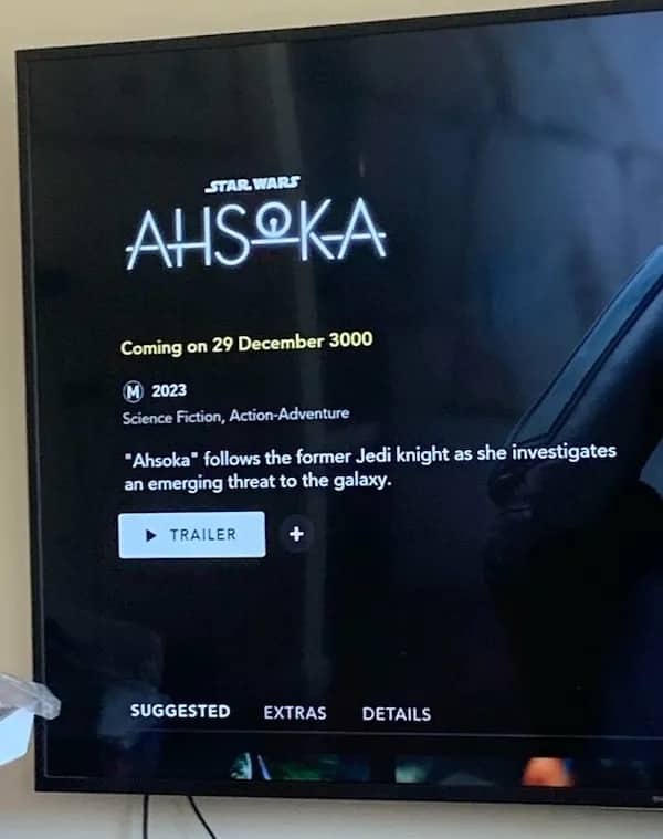 Television screen showing Star Wars Ahsoka series with a glitched release date of December 3000.