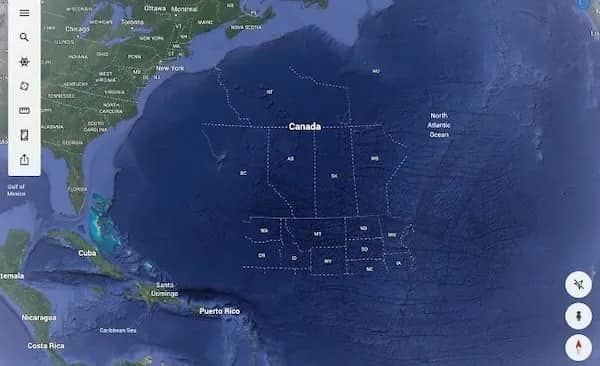 Digital map showing the borders of Canada and several US states floating in the Atlantic.