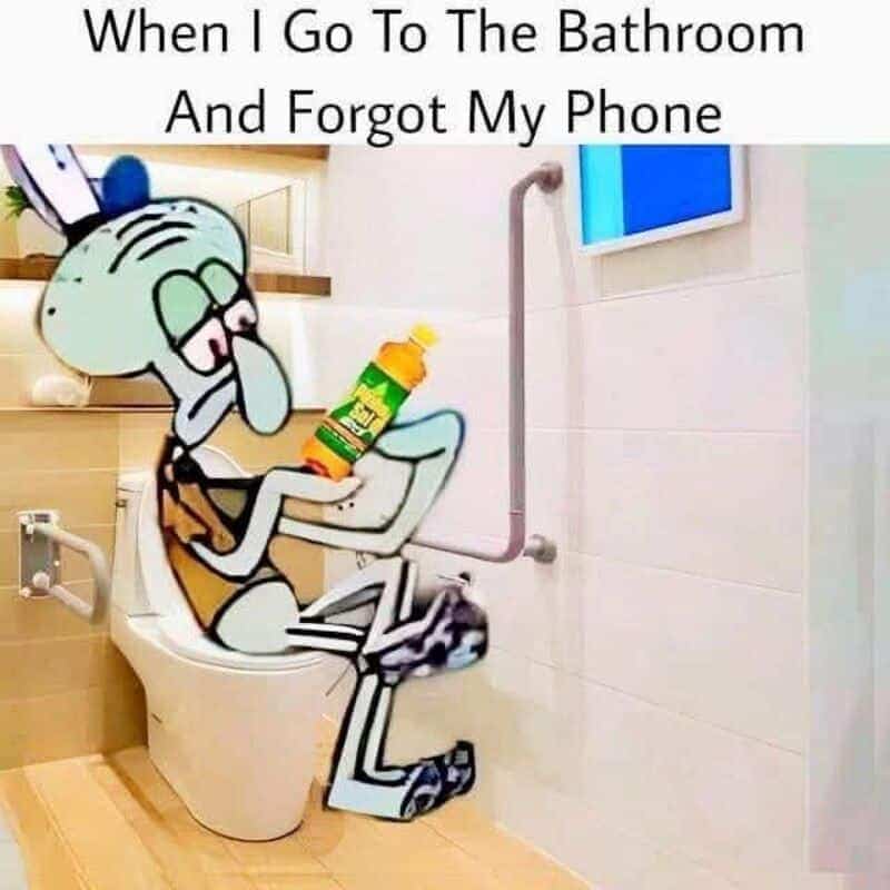 Squidward sitting on a toilet reading a cleaning product label because he forgot his phone.