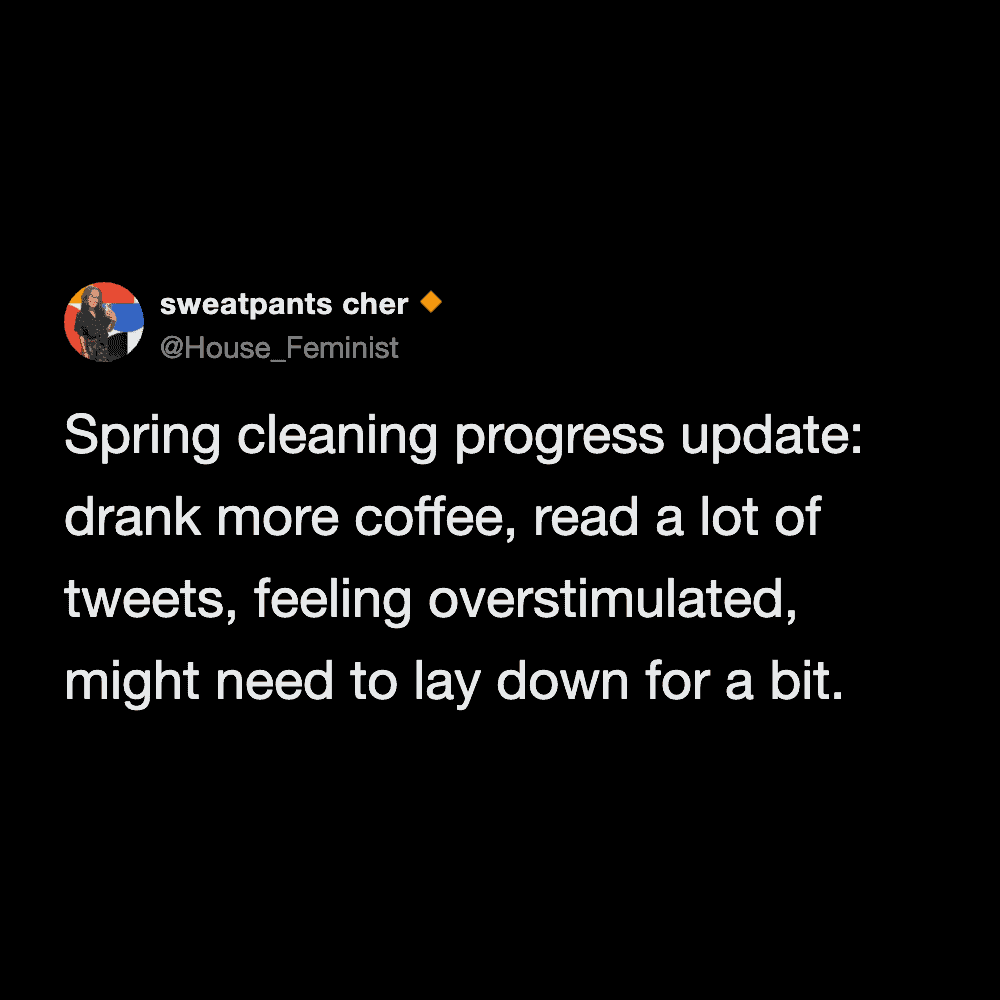 very relatable spring cleaning meme tweet from @House_Feminist. The "progress update" includes drinking coffee, reading tweets, and needing a nap due to overstimulation.