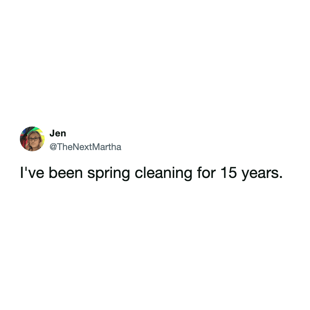 deadpan spring cleaning meme tweet by @TheNextMartha. The simple, one-sentence post highlights a never-ending chore cycle: "I've been spring cleaning for 15 years."