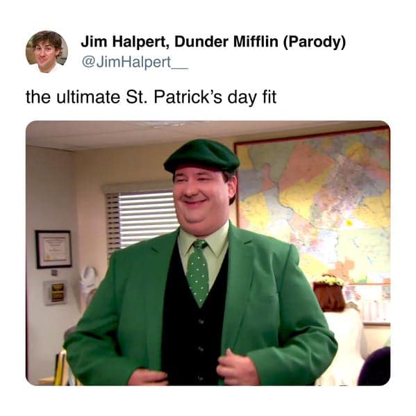 Kevin Malone from The Office beams with pride in a monochromatic lime-green suit and flat cap, cementing his status as the "ultimate St. Patrick's day fit" in this celebratory St Patrick's day meme.