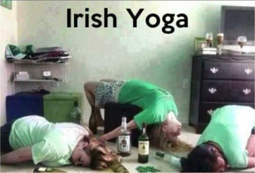 A classic entry in the world of irish memes titled "Irish Yoga" features three friends in green shirts completely passed out in awkward, twisted positions across a living room.