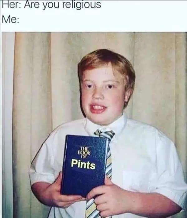 humorous school portrait of a young boy holding a navy blue volume titled "The Book of Pints" serves as a witty response to being asked about religious beliefs in this St Patrick's day meme.
