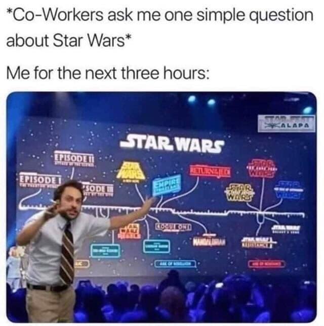 relatable star wars meme featuring the chaotic Charlie Day conspiracy board format photoshopped over a massive franchise timeline, representing the three-hour lore dump that happens when a coworker asks one simple question.