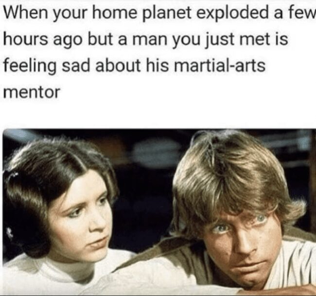 observational star wars meme showing Princess Leia comforting a sad Luke Skywalker, pointing out the sheer absurdity that he is mourning his martial-arts mentor while her entire home planet just exploded a few hours ago.