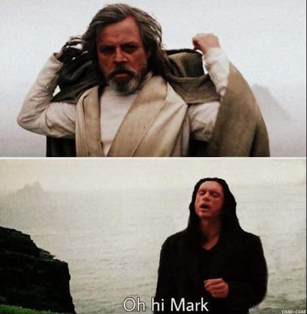 crossover star wars meme comparing the dramatic reveal of Luke Skywalker turning around on Ahch-To in The Last Jedi to the iconic, deeply confusing Oh hi Mark scene from the legendary bad movie The Room.