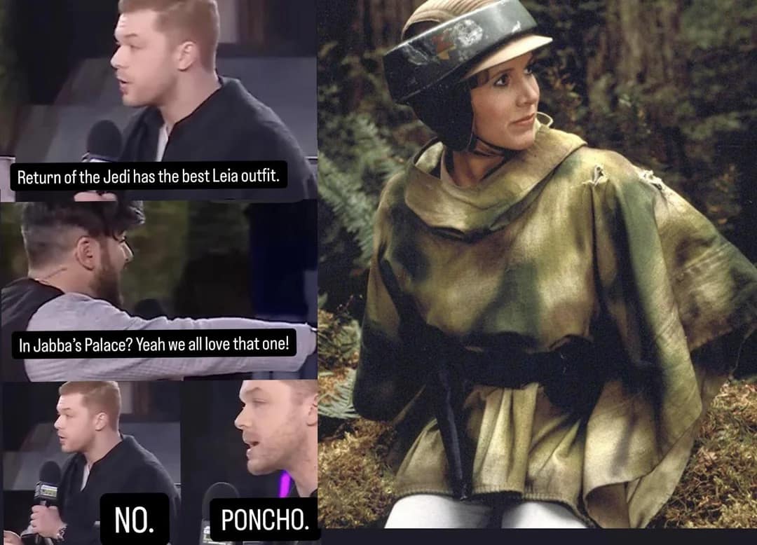 star wars meme featuring actor Cameron Monaghan aggressively rejecting the famous gold bikini outfit to boldly declare that Princess Leia's camouflage Endor poncho is actually her absolute best look.