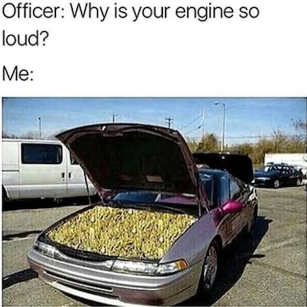 absurd stoner meme showing a car with its hood popped open, revealing an engine bay completely filled to the brim with marijuana buds, humorously explaining to a police officer why the engine is so loud in this classic weed meme.