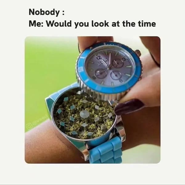 stoner meme featuring a functioning wristwatch where the face flips open to reveal a hidden metal grinder filled with green, cleverly using the excuse to check the time as a reason to light up in this elite weed meme