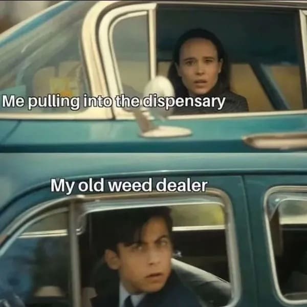 awkward stoner meme using the Umbrella Academy car pass template to represent the intense guilt of happily pulling into a modern legal dispensary while accidentally locking eyes with your old, traditional hookup in this relatable weed meme.