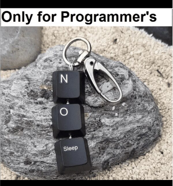Keychain made of keyboard caps spelling out No Sleep as a relatable programmer accessory.