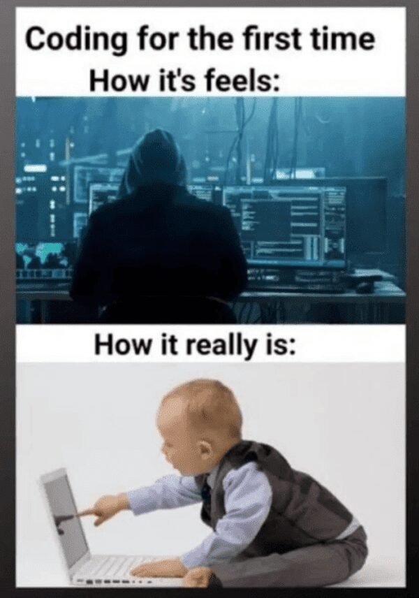 Comparison meme showing expectation versus reality when someone tries coding for the first time.