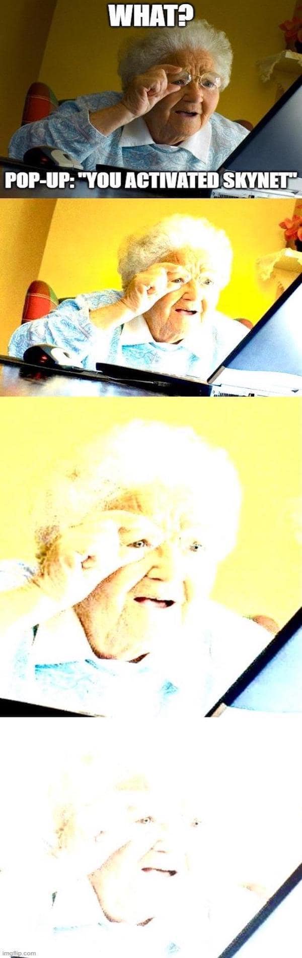 A hilarious four-panel Terminator meme featuring a confused elderly woman looking at a laptop. The top panel asks "WHAT?" as she squints at the screen. The second panel reveals a pop-up saying "YOU ACTIVATED SKYNET," causing the screen to emit a blinding yellow light. The light intensifies in the third and fourth panels until the image is a nuclear-white flash of overexposed brightness.