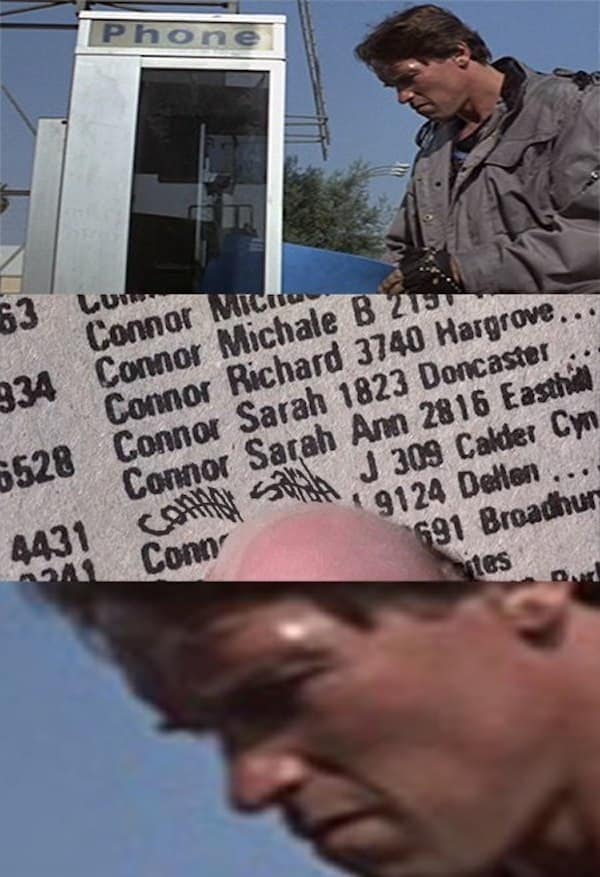 A three-panel zoom-in Terminator meme showing the T-800 checking a phone book. The visual focuses on the name "Connor Sarah" and Arnold’s increasingly pained and confused facial expression as he struggles with the directory.