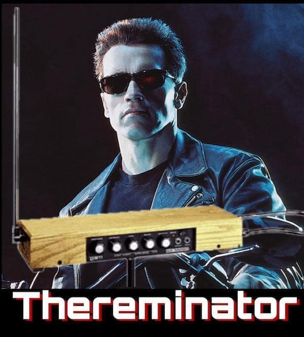 A clever musical pun titled "Thereminator." It features Arnold Schwarzenegger in his signature leather jacket and sunglasses, but instead of a weapon, he is meticulously playing a vintage wooden theremin.