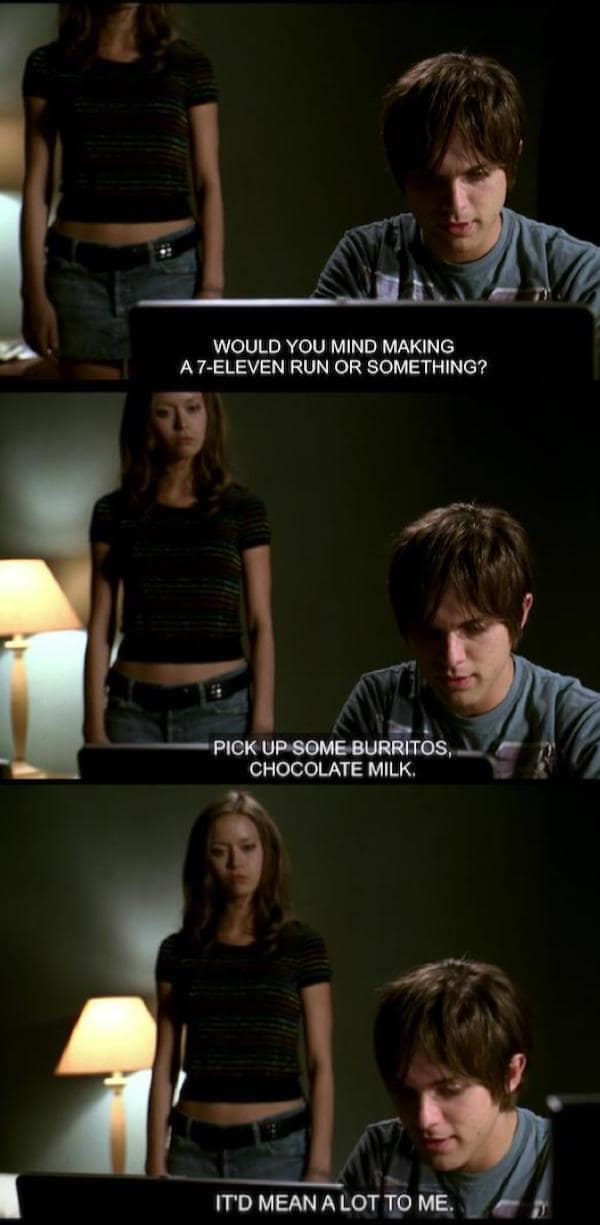 three-panel Terminator meme from the series The Sarah Connor Chronicles. A young John Connor looks up from his laptop at the terminator Cameron (Summer Glau) and asks, "WOULD YOU MIND MAKING A 7-ELEVEN RUN OR SOMETHING?" He specifically requests "BURRITOS and CHOCOLATE MILK," ending with the manipulative plea, "IT'D MEAN A LOT TO ME."