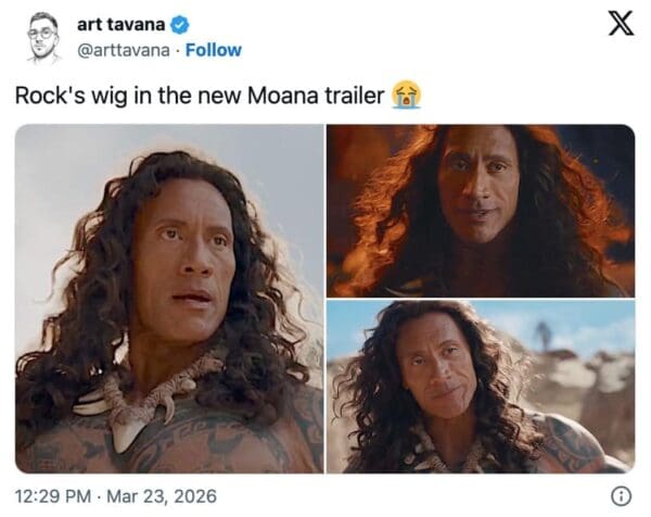 A compilation The Rock wig meme tweet from art tavana showing three close-ups of the Rock in the Maui costume. The images highlight the frizzy, unkept texture of the black wig under different lighting, accompanied by a crying emoji.