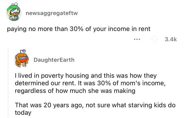 Thread about how paying no more than thirty percent of income for rent was once standard.