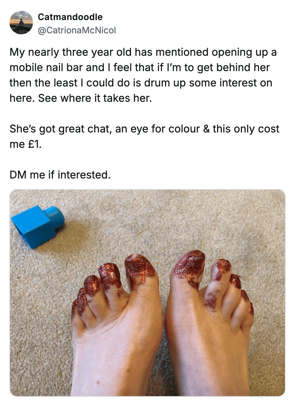 hilarious visual toddler meme showing a pair of adult feet with red glitter nail polish smeared chaoticly across the toes and skin. The tweet from Catmandoodle explains her 3-year-old opened a "mobile nail bar," providing this £1 service.