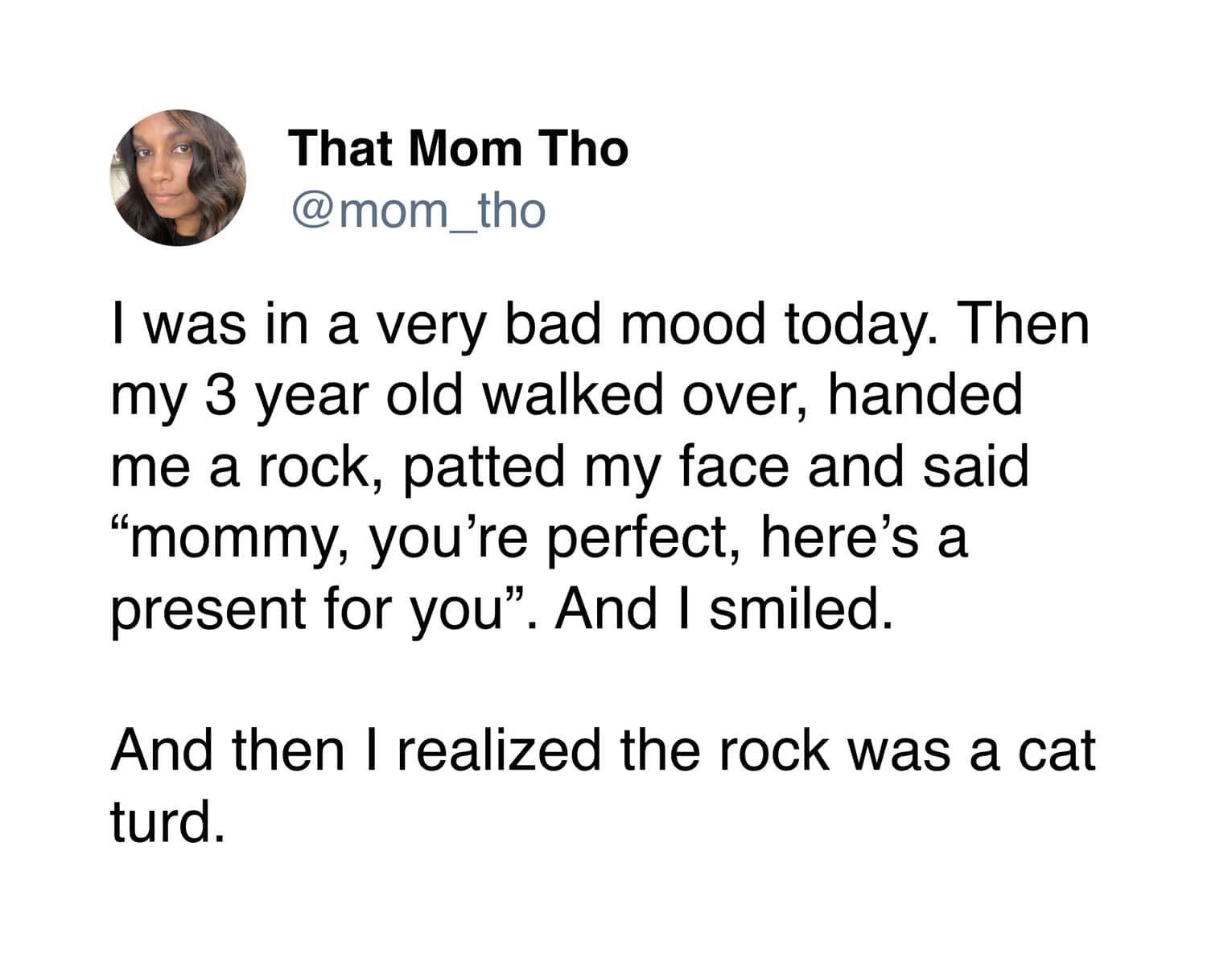 A "cursed" toddler meme tweet from "That Mom Tho" about a sweet moment gone wrong. Her 3-year-old patted her face and handed her a "perfect present," which the mother eventually realized was actually a dried cat turd.