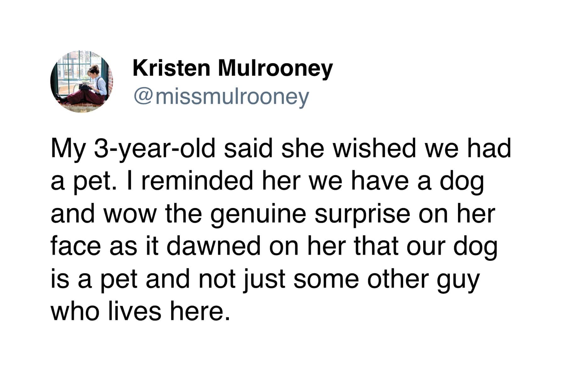 A funny tweet about the social perceptions of a 3-year-old. The mother describes her daughter's genuine shock upon realizing the family dog was actually a "pet" and not just "some other guy" who happened to live in their house.