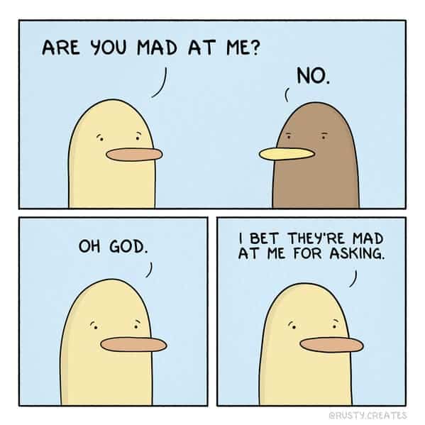 Comic panel of two yellow birds discussing if one is mad at the other for asking.