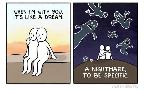A comic showing a romantic sunset that transitions into a specific nightmare filled with floating ghosts.