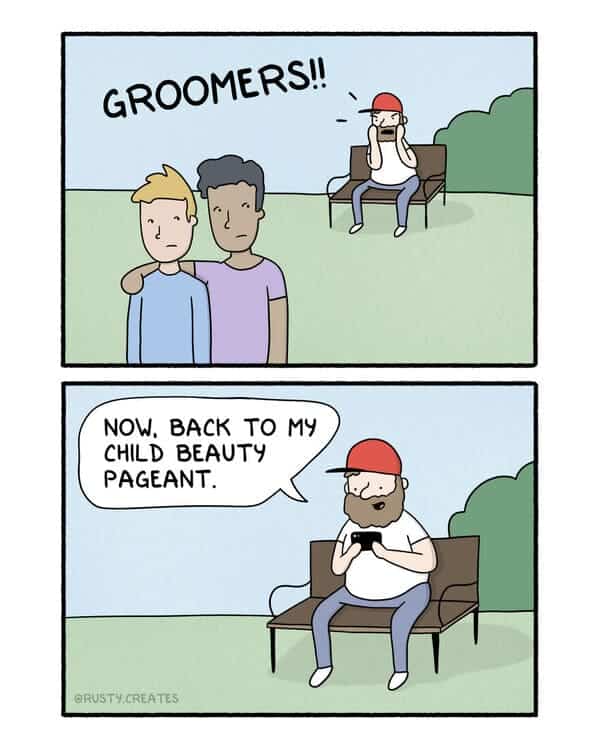 Comic of a man yelling at park goers before checking his phone for child beauty pageants.