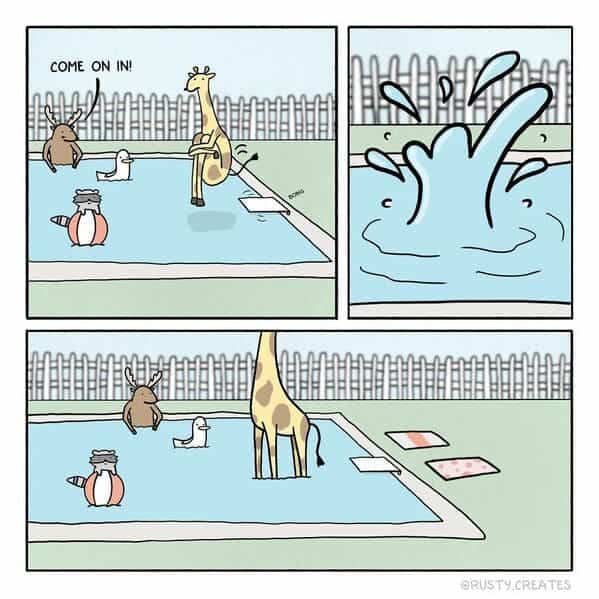 Animals at a pool party watch a giraffe perform a cannonball into a very shallow pool.