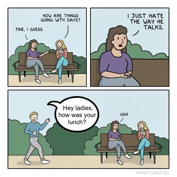 Two women sit on a bench discussing how they hate the specific way Dave talks.