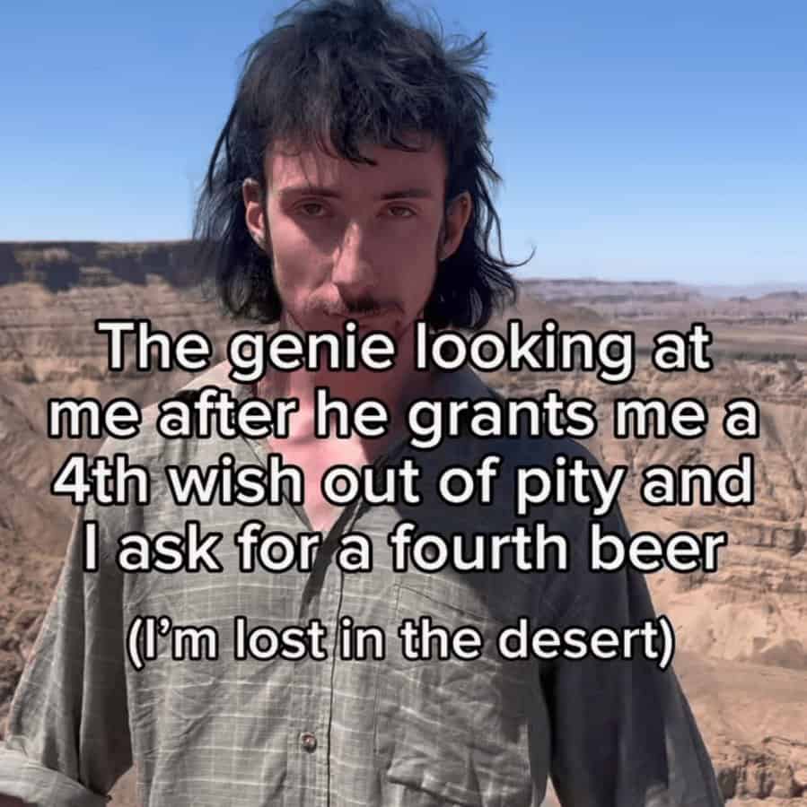 A dark humor unhinged screenshot of a man with a mullet standing in a vast, dry canyon. The text describes a genie granting him a fourth wish out of pity, only for him to waste it by asking for "a fourth beer" despite being "lost in the desert."