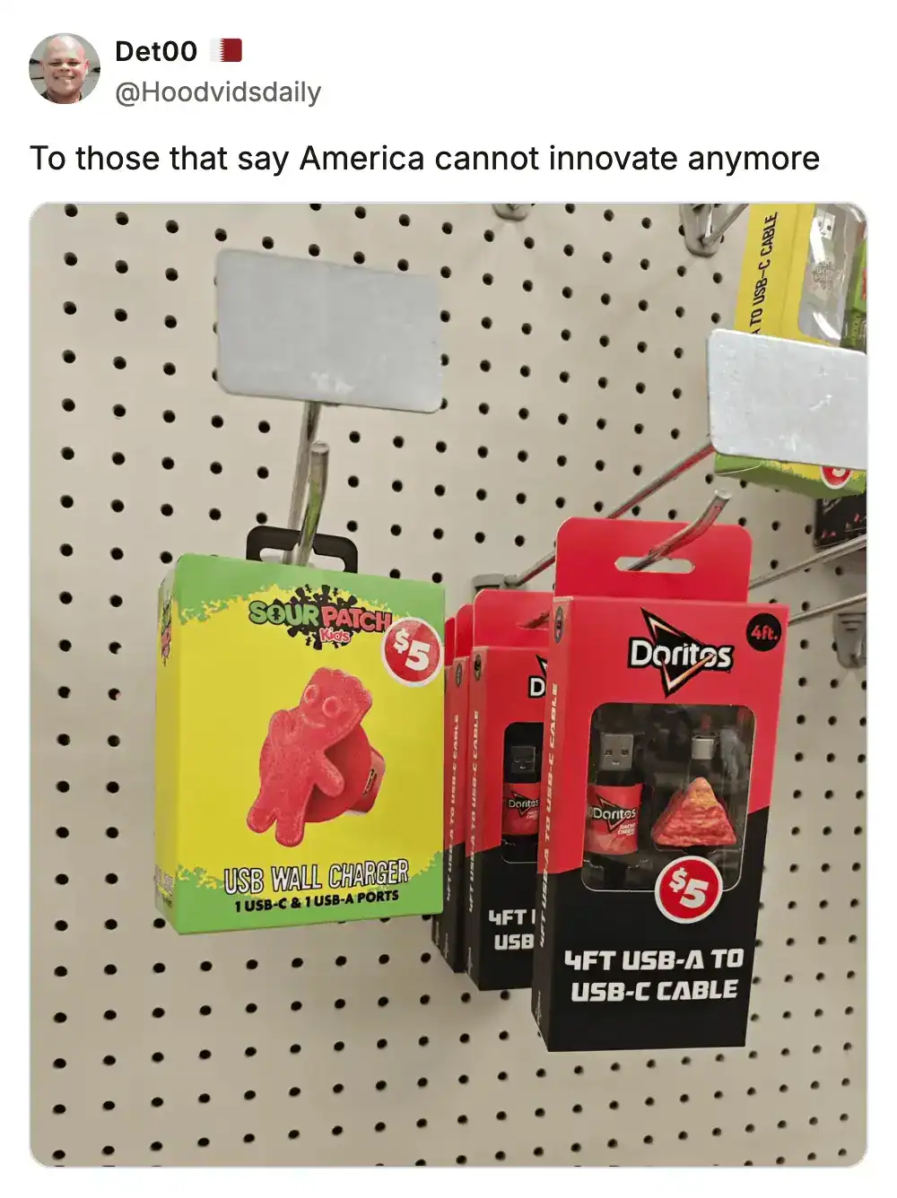 Sour Patch Kids and Doritos branded USB wall chargers spotted at dollar store checkout