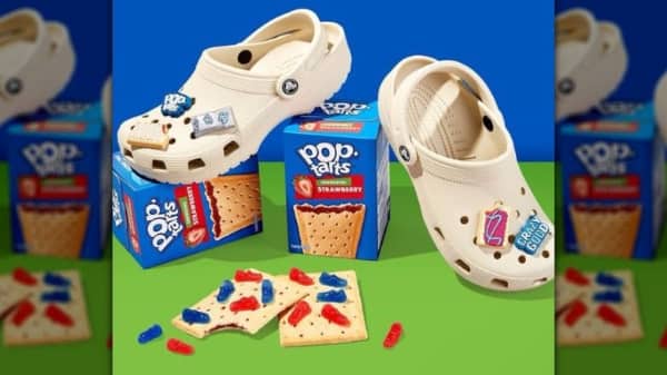 Pop-Tarts x Crocs collaboration featuring strawberry-themed Jibbitz charms on clogs