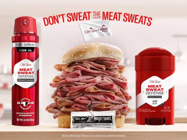 Old Spice x Arby's Meat Sweat Defense deodorant collab with massive roast beef sandwich