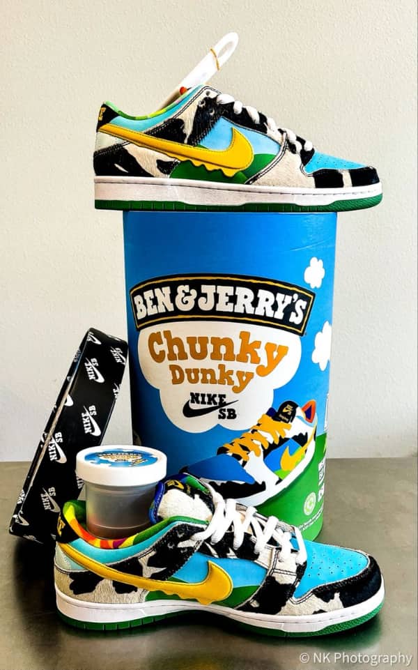 Nike SB x Ben and Jerry's Chunky Dunky sneakers packaged in oversized ice cream container