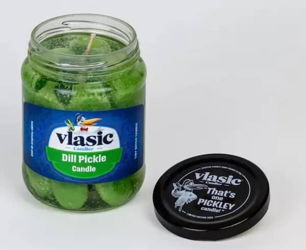 Vlasic limited edition dill pickle scented candle in authentic-looking pickle jar