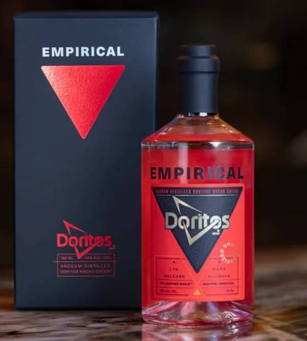 Empirical x Doritos vacuum distilled nacho cheese flavored luxury spirit bottle