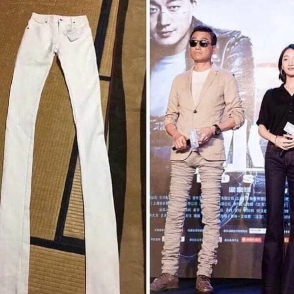 A split image showcasing weird fashion logic: on the left, a pair of impossibly long white jeans; on the right, a man wearing them with the excess fabric accordion-folded into massive stacks from ankle to hip.
