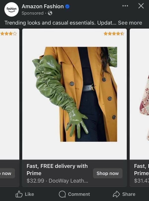 A screenshot of an Amazon fashion ad showcasing long, ruffled opera gloves made of a glossy, swamp-green latex material that resembles oversized, crinkled trash bags.